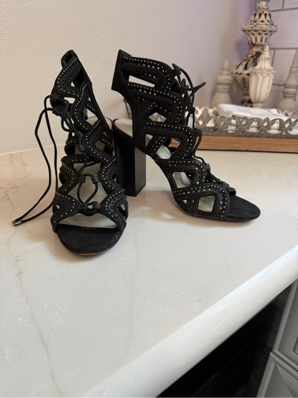 Women's Black Lace-Up Cutout Heeled Sandals